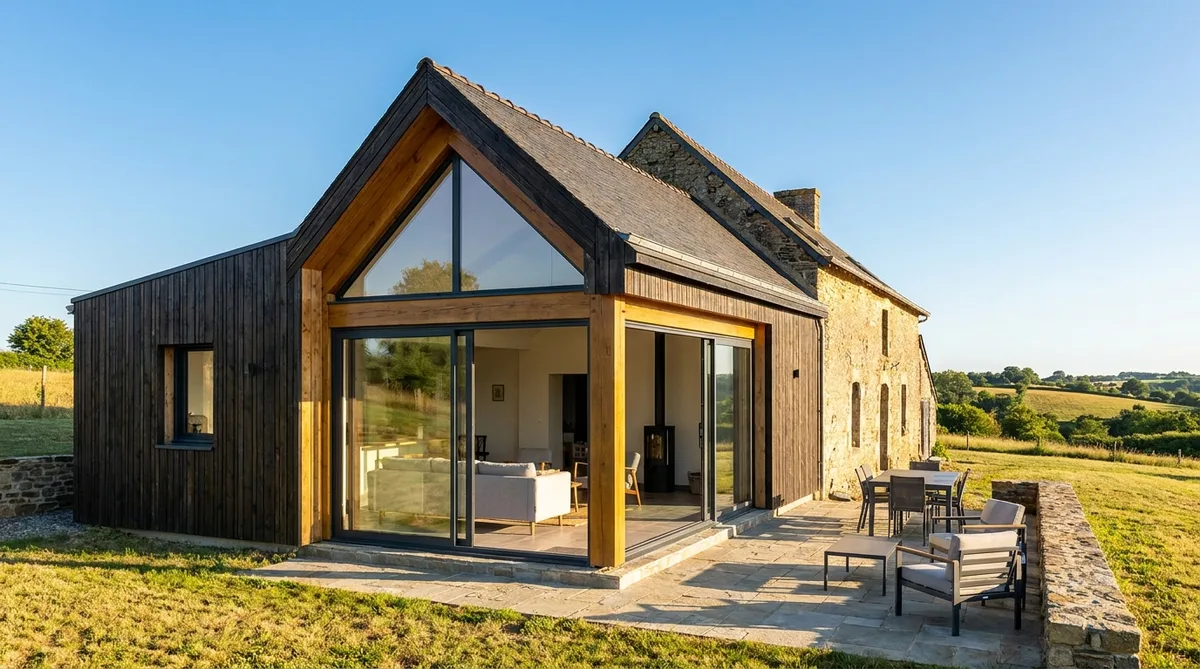 Modern timber frame extension on a traditional stone house in the Nantes countryside, sunny day