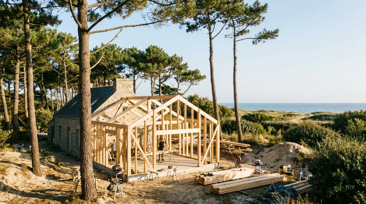 Construction site of a wooden house extension in Loire-Atlantique, near the coast with maritime pines