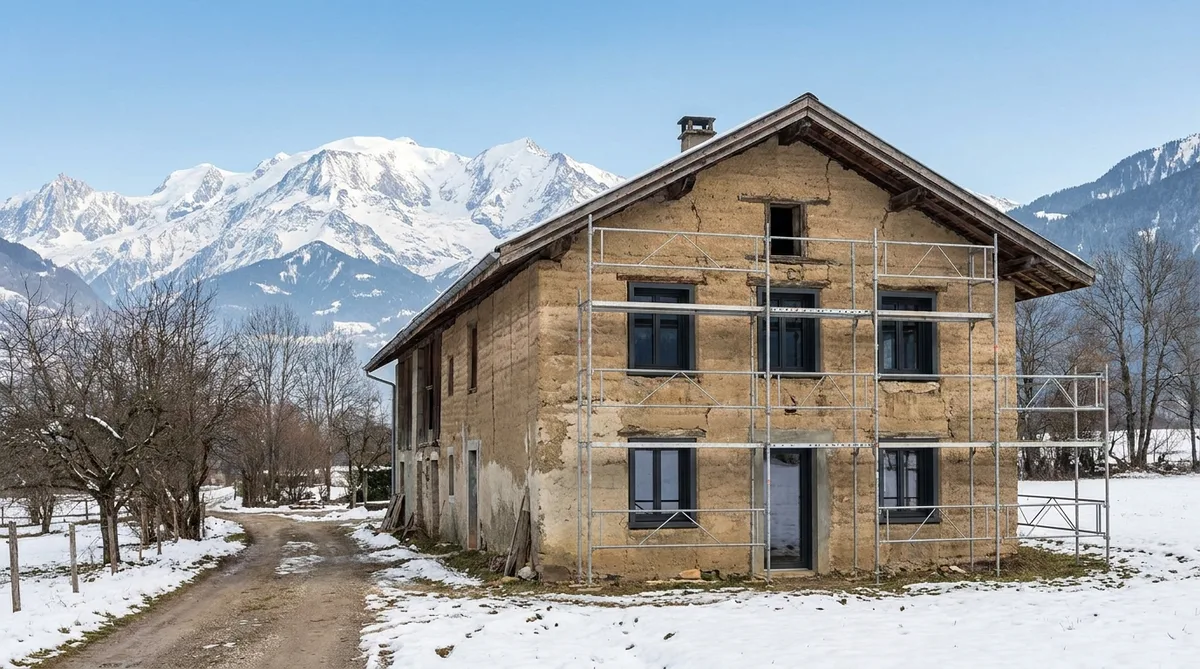 Traditional pisé house in Isere rural area being renovated with energy efficient windows, snow-covered Alps in the background