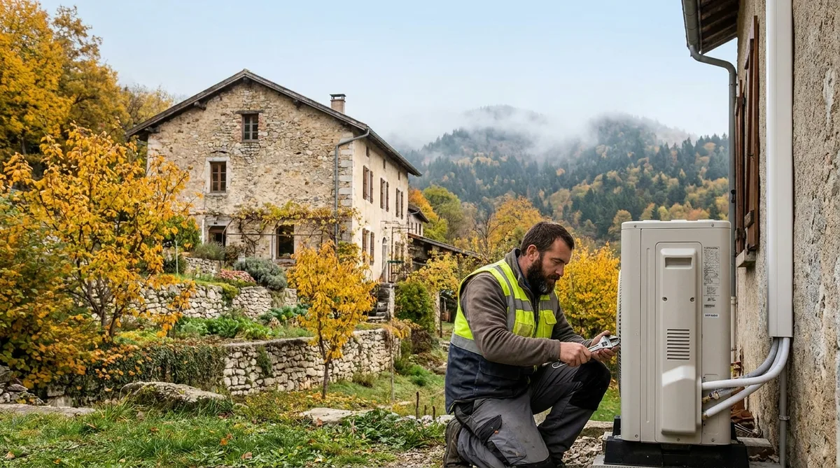 Local artisan installing a heat pump outside a stone house in Isere, autumn landscape with yellow trees and mountains