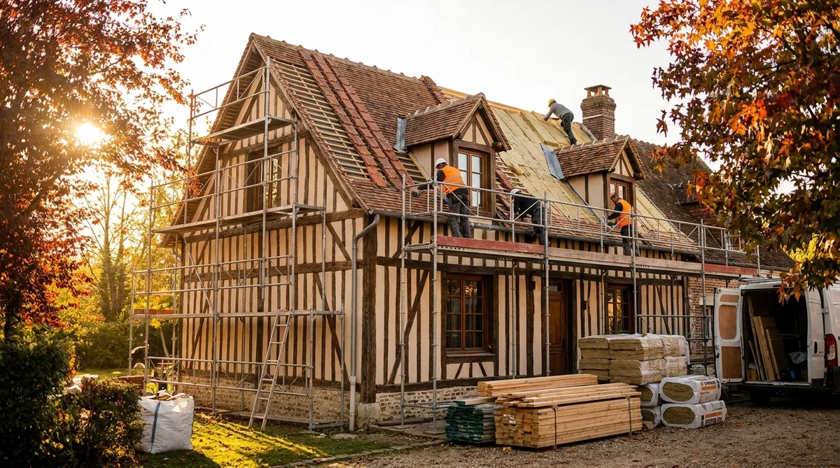 traditional half-timbered house in Troyes Champagne region undergoing roof and facade renovation during autumn, warm lighting, architectural details
