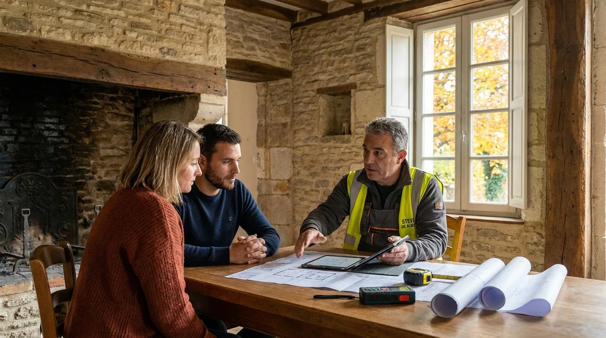french artisan discussing renovation quote with homeowners in a rustic stone and brick house interior in Aube region, autumn trees visible through the window