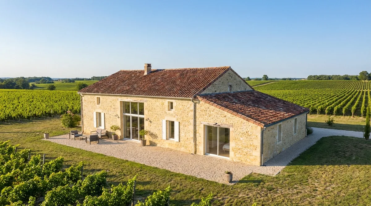 traditional charentaise stone house renovation in Cognac vineyards with local limestone and roman tiles