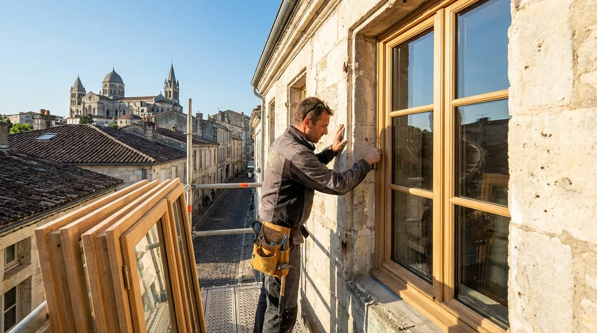 craftsman installing custom wooden windows on a historic building in Angouleme with bright summer light
