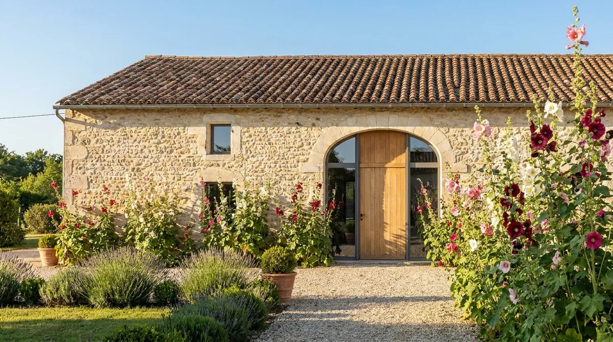 traditional stone charentaise house renovation with roman tile roof and hollyhocks in sunny Charente-Maritime