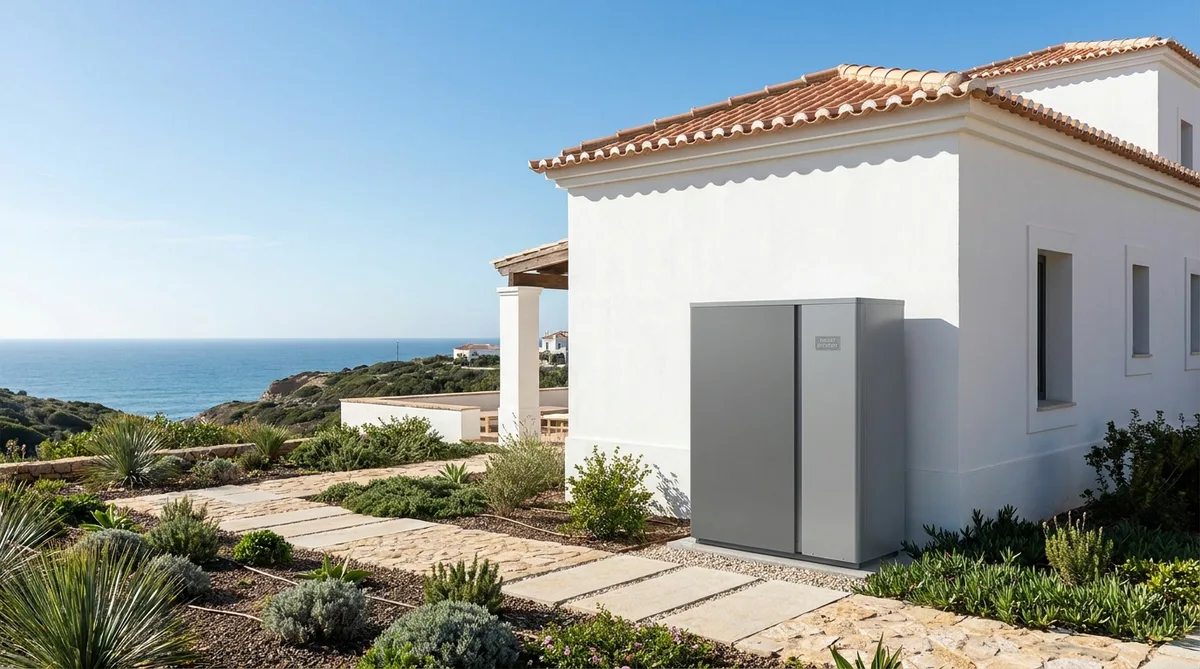 energy efficient heat pump installation outside a white coastal villa in La Rochelle region