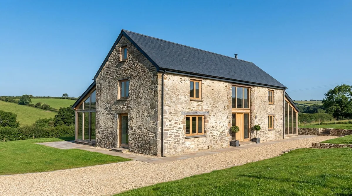 traditional stone house renovation in Correze, Nouvelle-Aquitaine, slate roof, green countryside, sunny day
