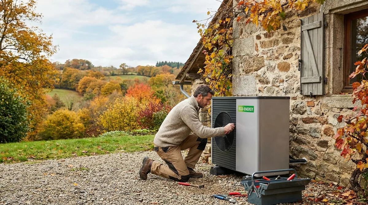 French artisan installing eco-friendly heat pump outside a rustic stone house in Correze, autumn landscape