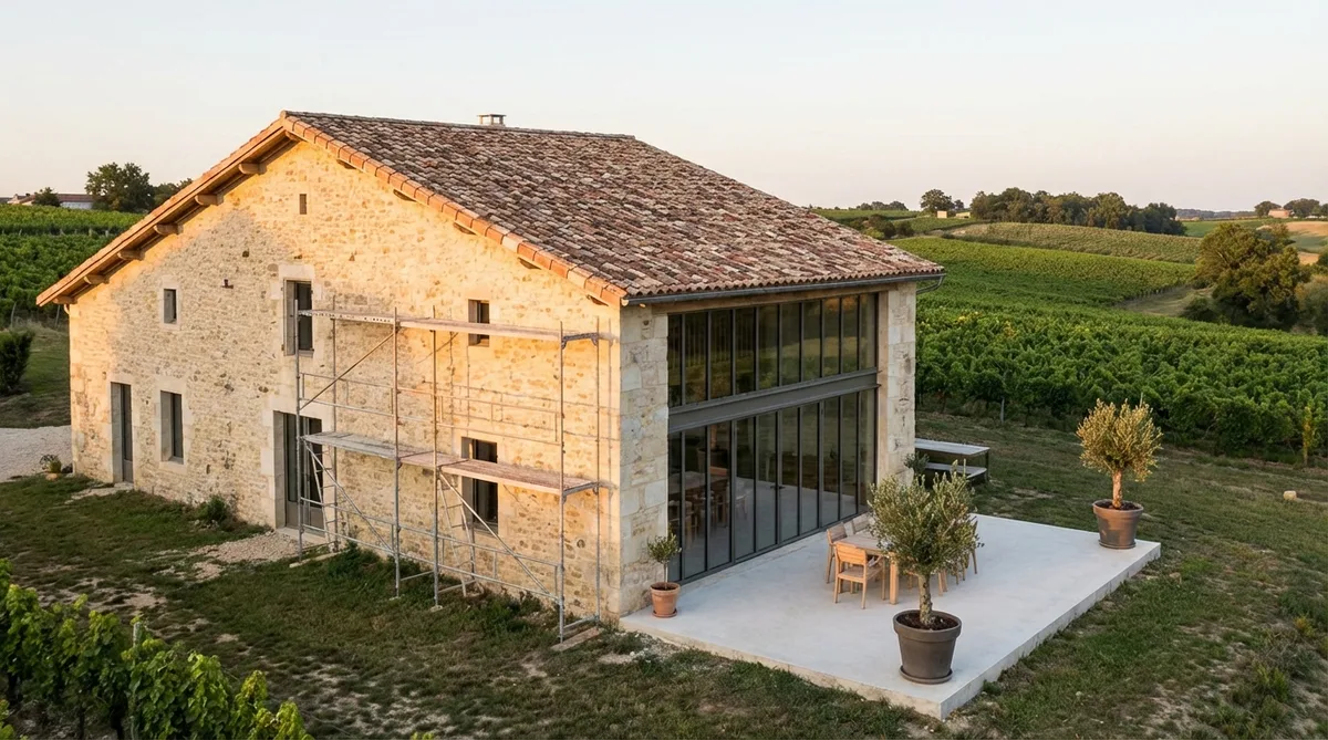 traditional stone house renovation in Gironde countryside with terracotta roof tiles
