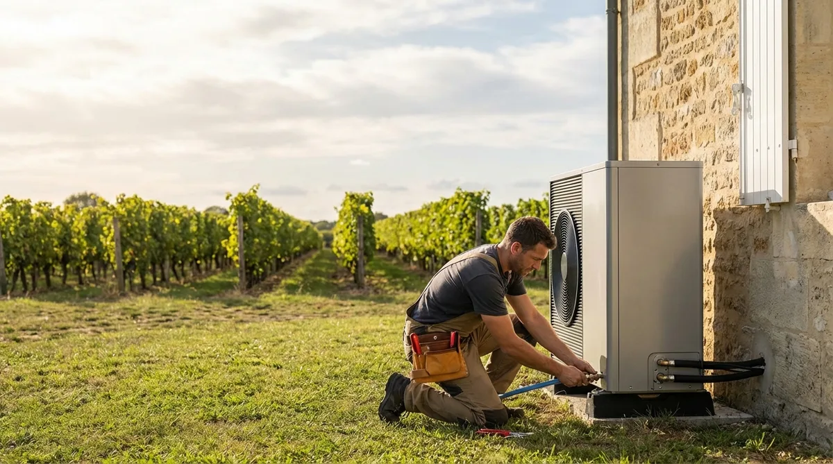 artisan installing an eco-friendly heat pump outside a Bordeaux region vineyard estate