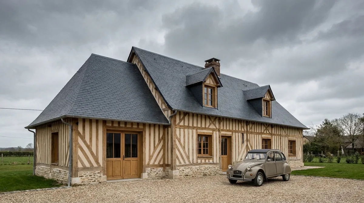 traditional half-timbered norman house renovation with slate roof under cloudy sky in Calvados
