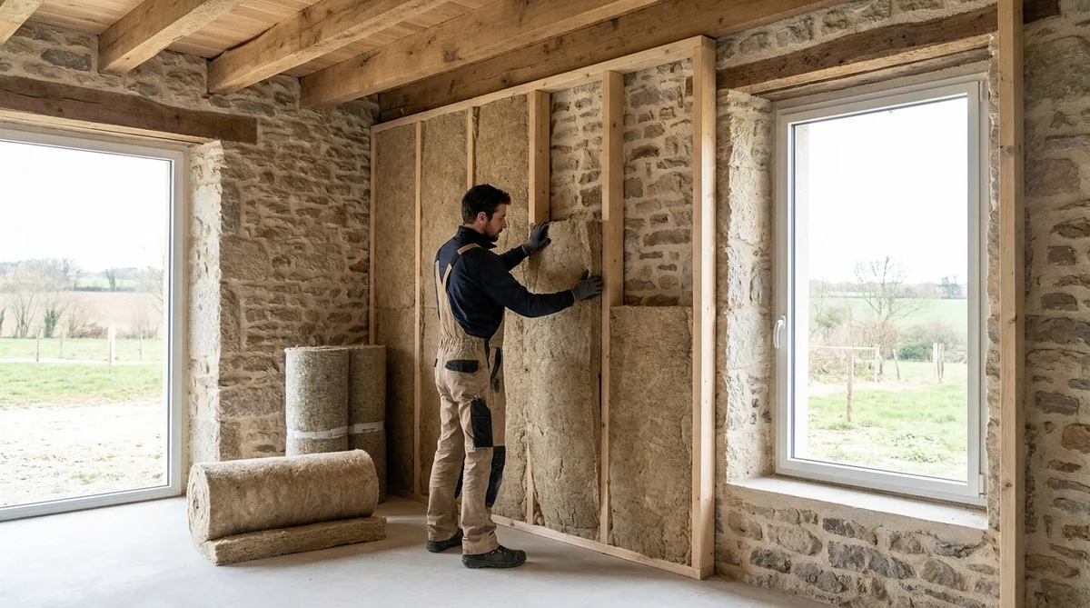 artisan installing eco-friendly insulation in a stone farmhouse near Caen