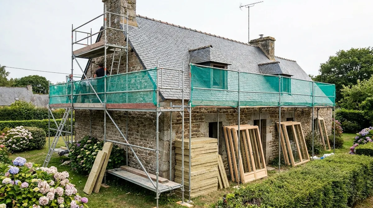 traditional stone house in Brittany with slate roof undergoing energy renovation with scaffolding