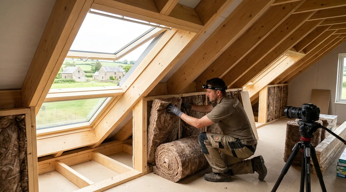 craftsman installing eco-friendly insulation in a modern house attic near Rennes Brittany