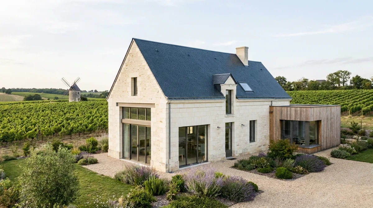 traditional tuffeau stone house renovation in Maine-et-Loire with slate roof and Loire valley vineyards in background