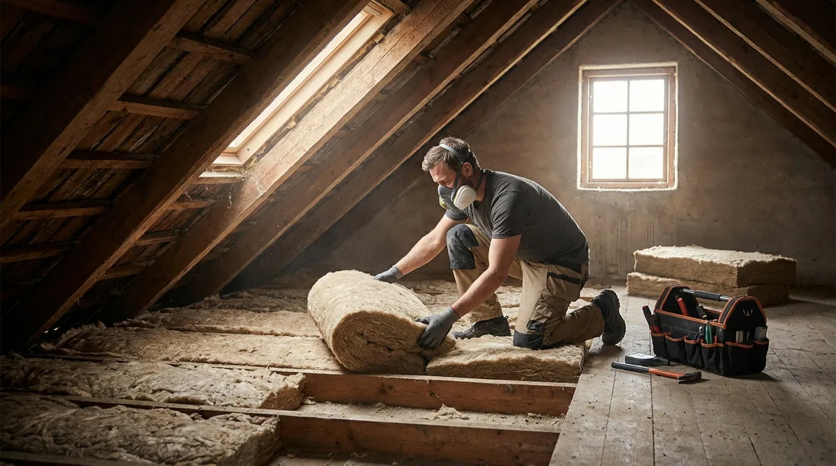 craftsman installing eco friendly insulation in an attic of a traditional house in Angers region