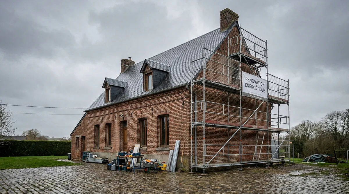 traditional red brick house in the North of France undergoing energy renovation with scaffolding, cloudy sky
