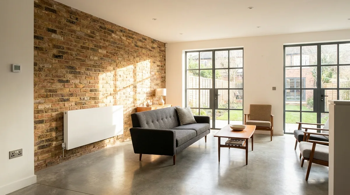 interior of a renovated 1930s house in Lille region, modern heating system, exposed brick wall, bright