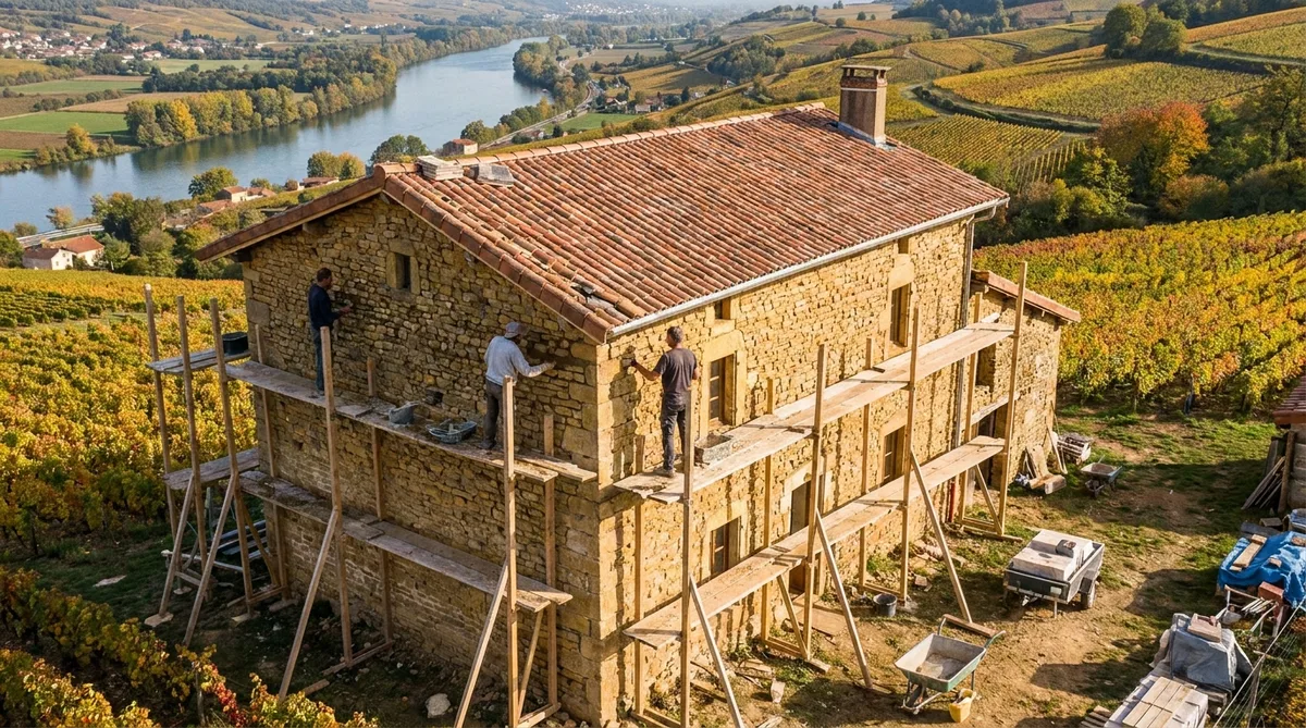 traditional stone house renovation in Beaujolais vineyards near Lyon with workers on scaffolding