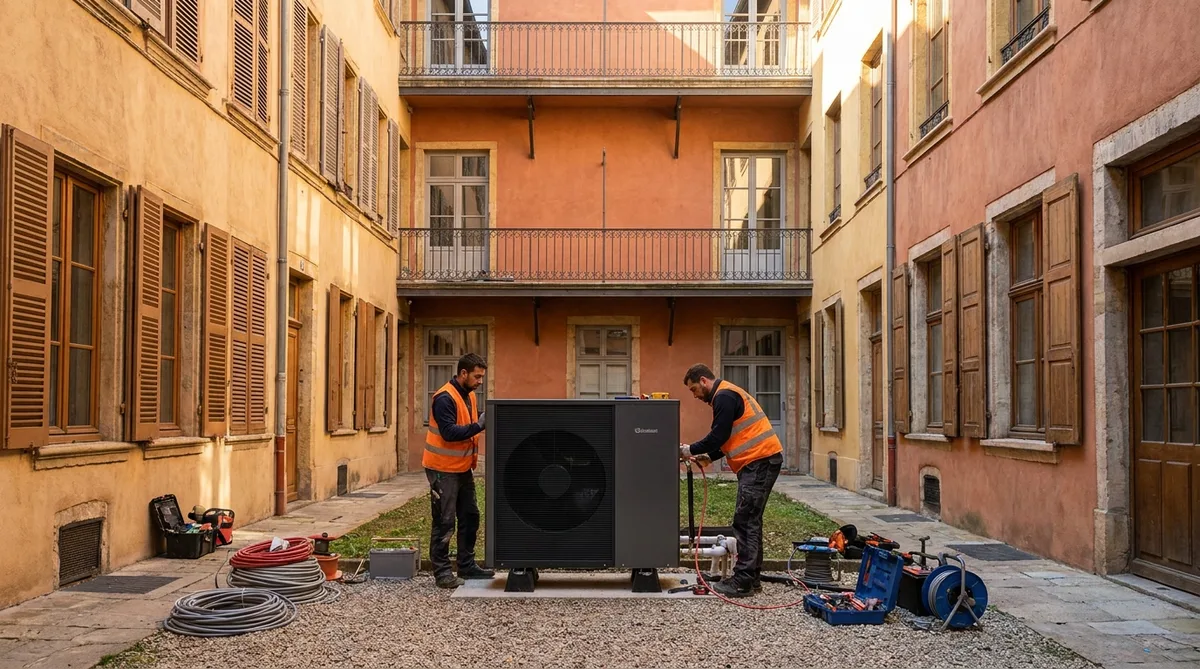installing heat pump in a typical lyonnaise building courtyard with warm colored facades