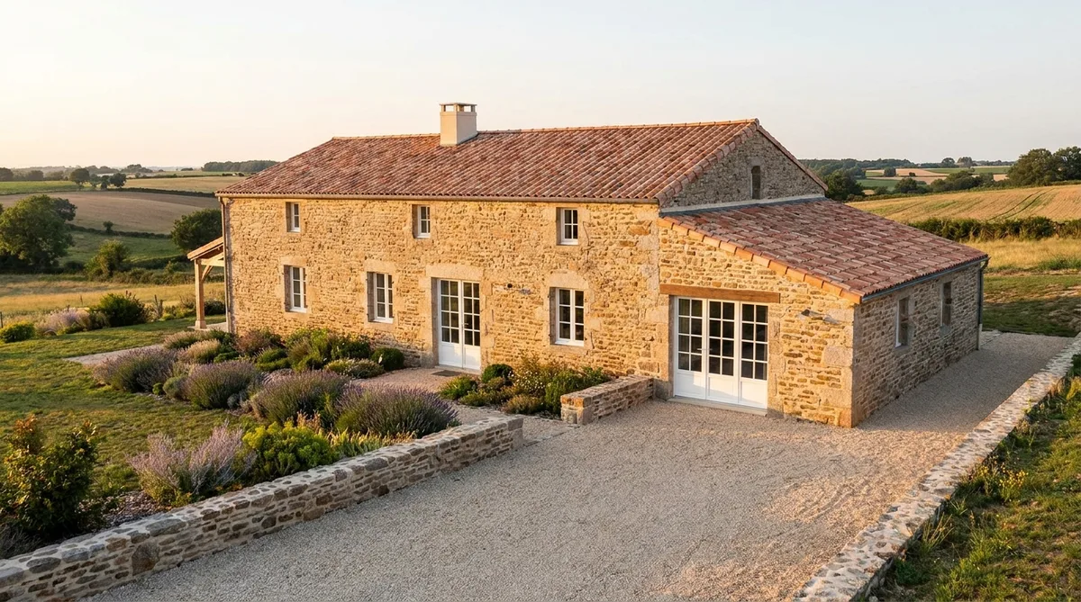 traditional stone house renovation in Vendée countryside with terracotta roof tiles and modern white double glazed windows