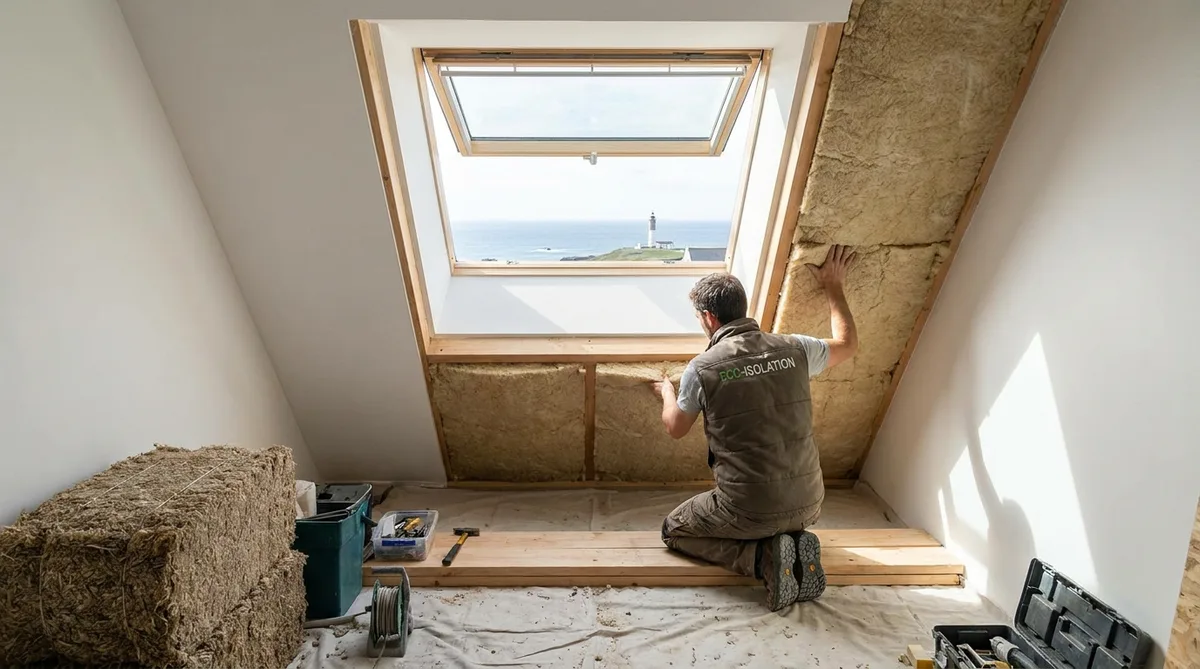 artisan installing eco-friendly insulation in a bright attic of a house near Les Sables-d'Olonne, ocean visible through the skylight