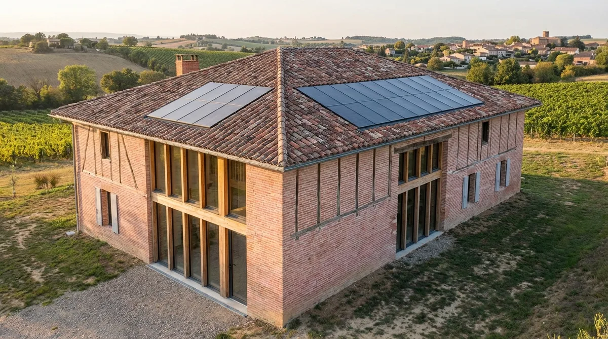 traditional brick house renovation in Toulouse region with solar panels on terracotta roof