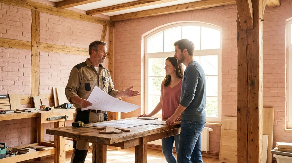 artisan explaining renovation plans to homeowners inside a bright Occitanie house with exposed wooden beams and pink brick walls