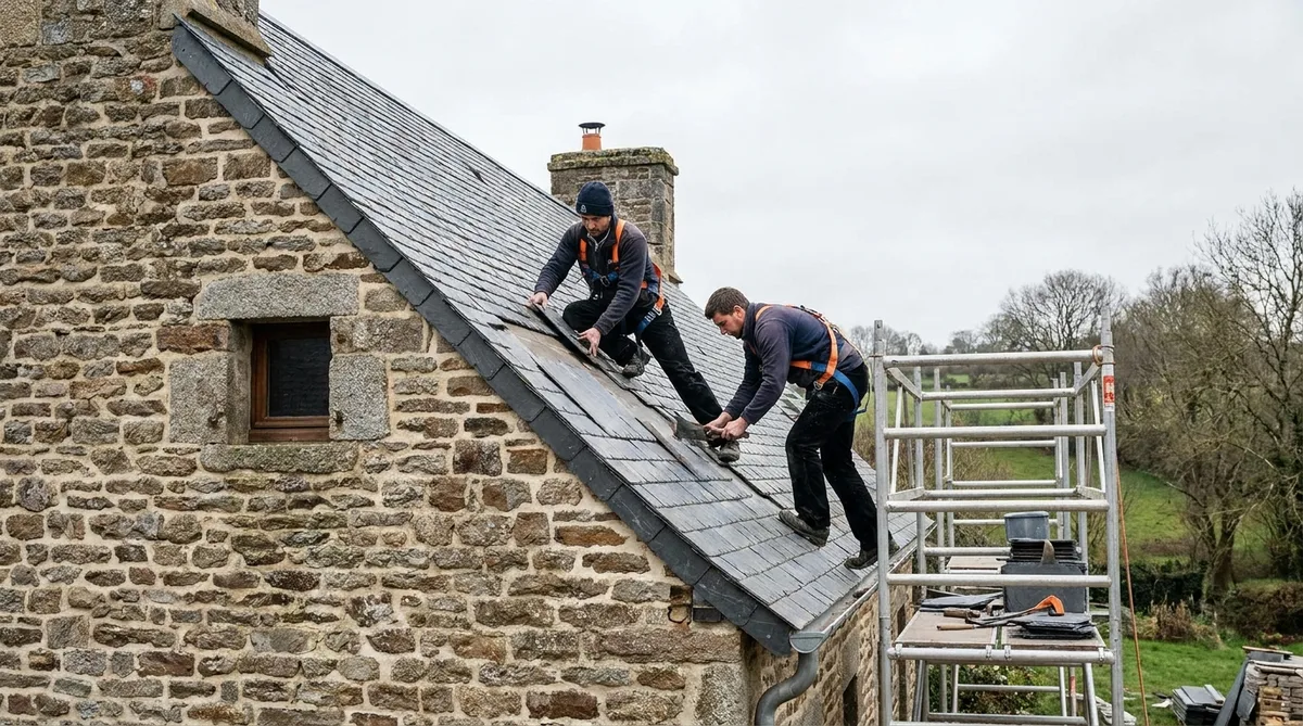 craftsmen installing slate roof on a stone house in calvados normandy with cloudy sky
