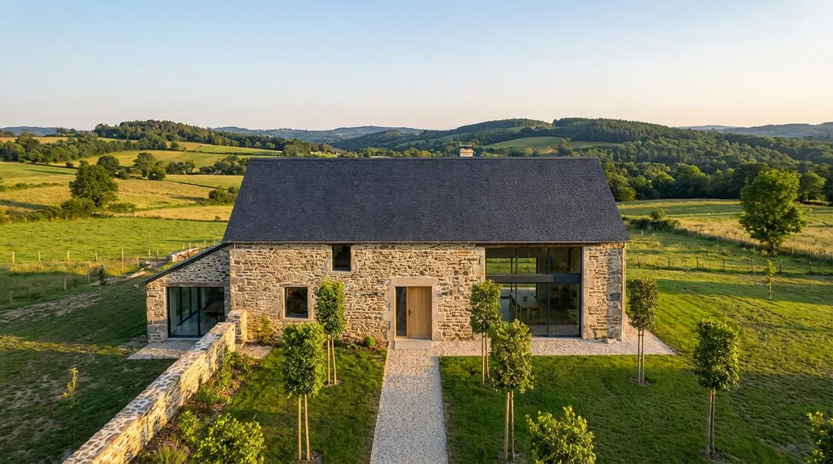 traditional stone house renovation in Correze France with slate roof and green hilly landscape