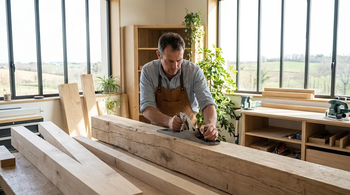 french carpenter working on eco-friendly wood in a bright workshop in Nouvelle-Aquitaine