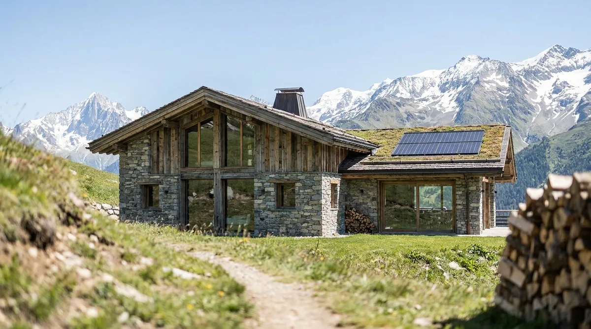 traditional stone and wood chalet renovation in the French Alps, Isere mountains, with modern eco-friendly insulation