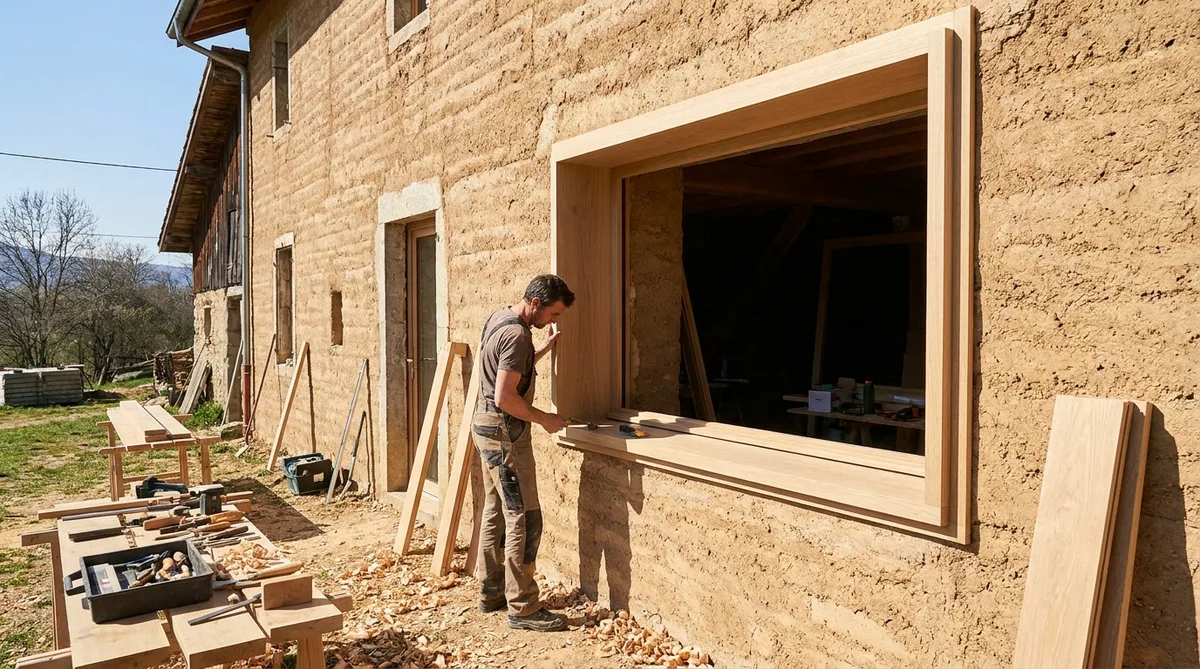 craftsman installing a modern wooden window in a traditional pise house in Nord-Isere, sunny day