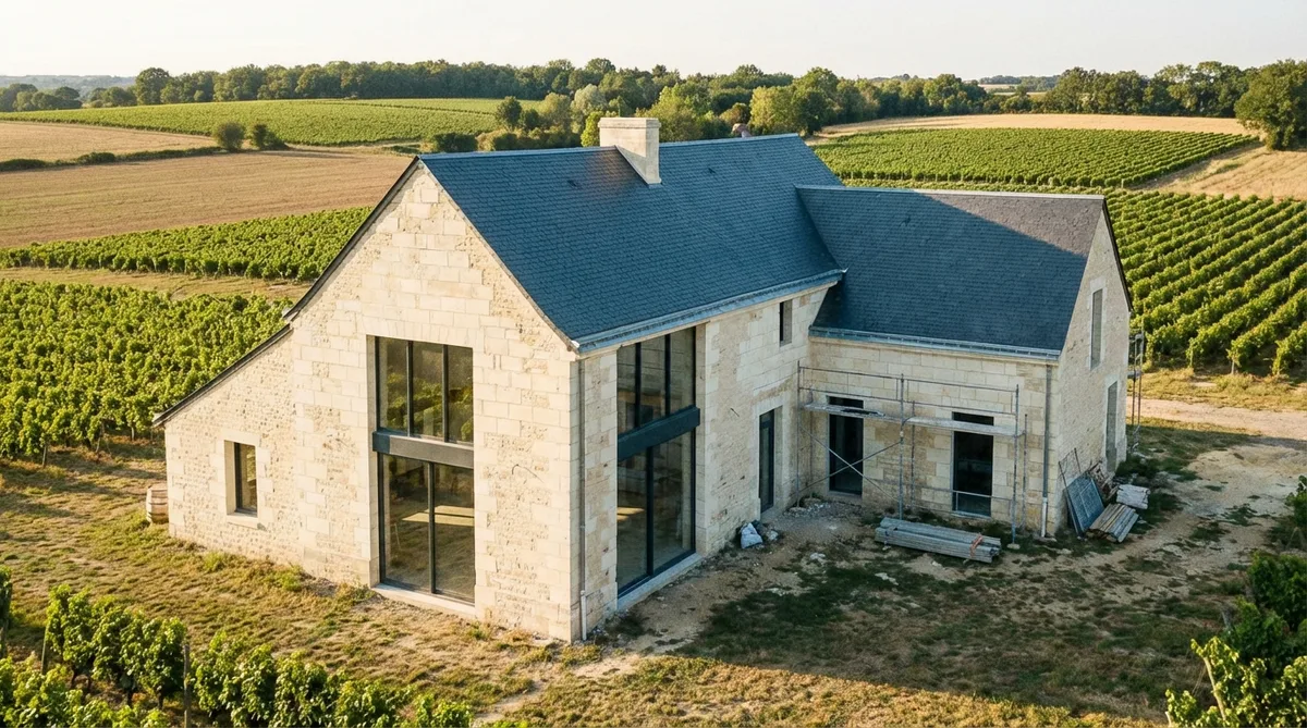 tuffeau stone house renovation in Maine-et-Loire countryside with slate roof