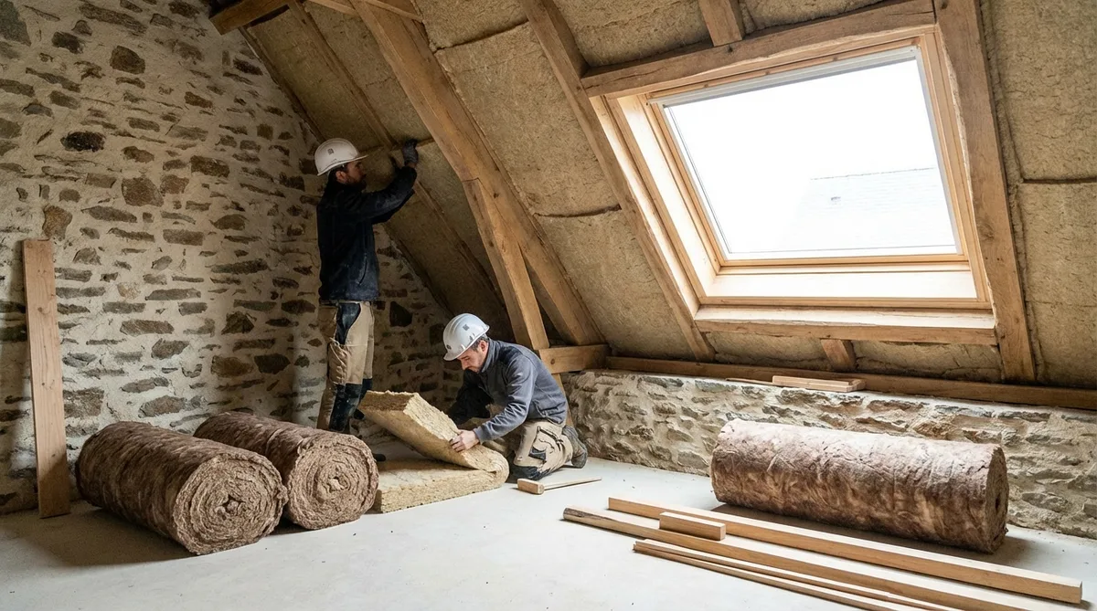 french craftsmen installing eco-friendly insulation in a traditional Anjou house