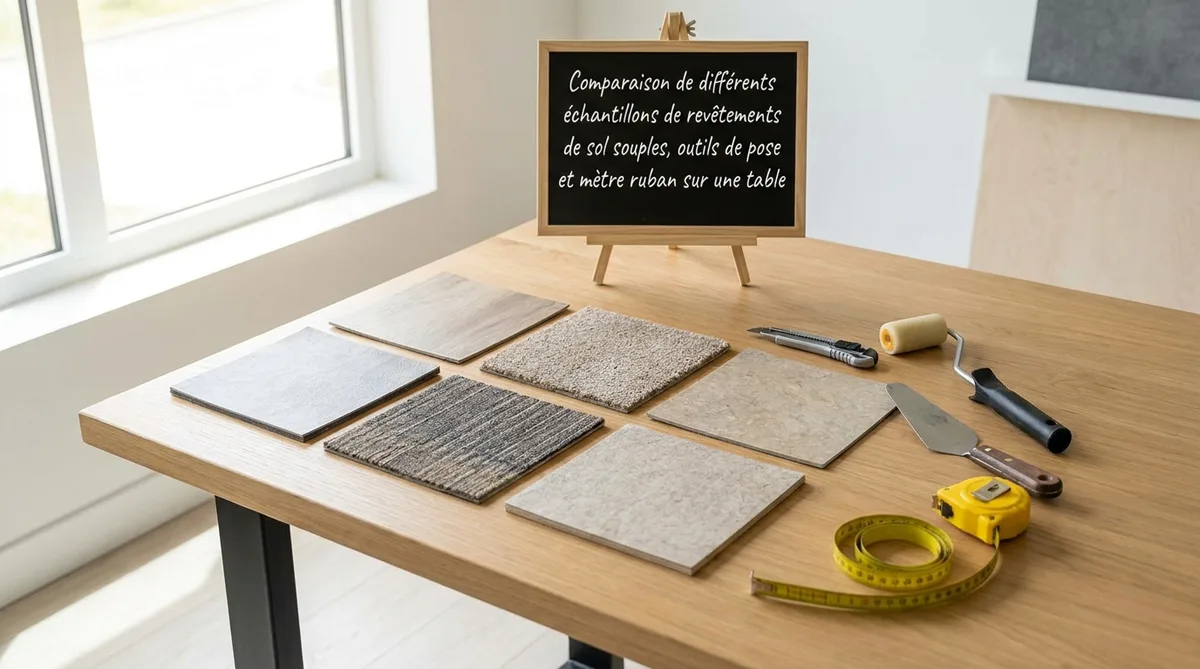 Comparaison de différents échantillons de revêtements de sol souples, outils de pose et mètre ruban sur une table