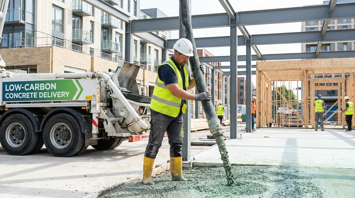 Mason pouring low-carbon concrete on a modern construction site