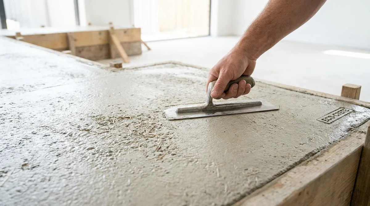 Close-up of trowel smoothing eco-friendly low-carbon concrete slab