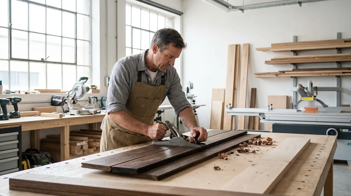 Menuisier travaillant des planches de bois thermochauffé dans un atelier moderne