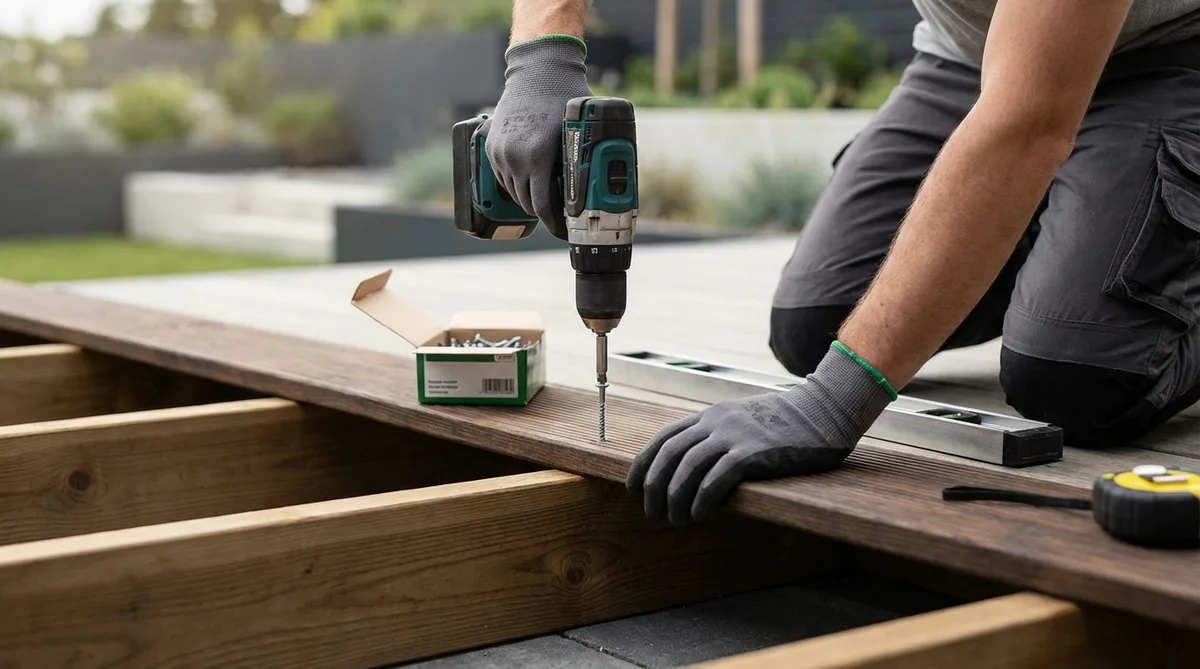 Gros plan sur l'installation d'une terrasse en bois thermochauffé avec des vis en acier inoxydable