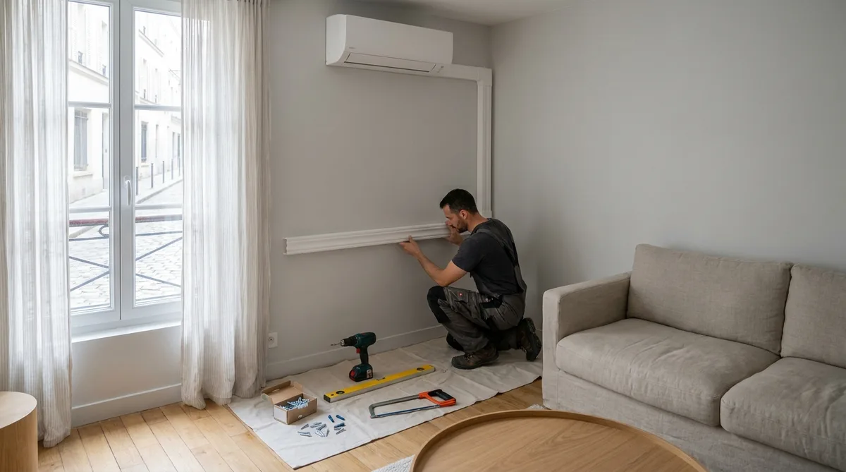 modern living room with decorative air conditioner trunking