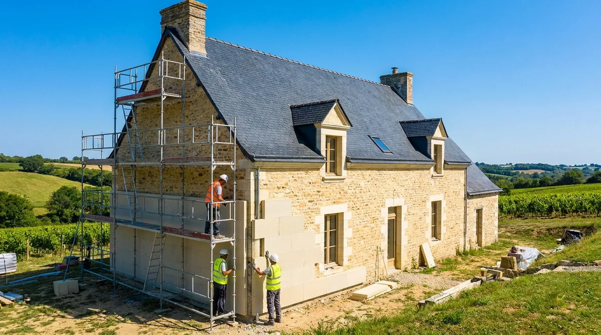 traditional tuffeau stone house in Anjou with slate roof being insulated against summer heat, bright sunny day