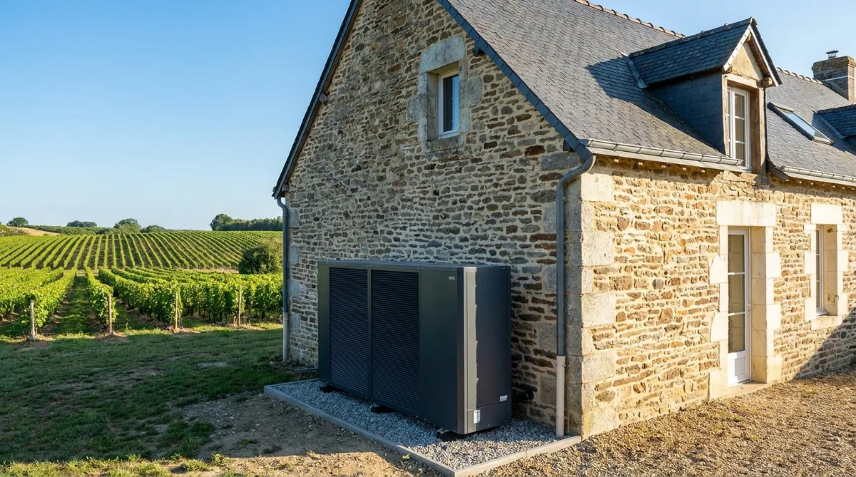 modern reversible heat pump installed outside a typical Maine-et-Loire house near vineyards, clear blue sky
