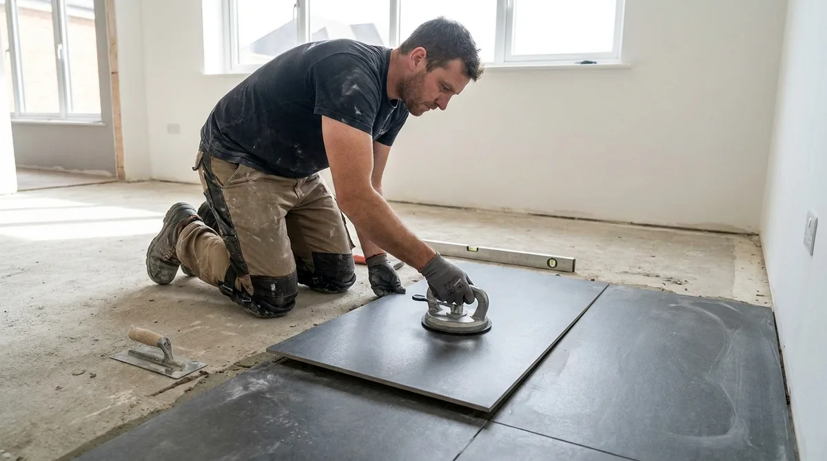 Ouvrier carreleur posant une dalle de carrelage extra-fin grand format sur un ancien sol