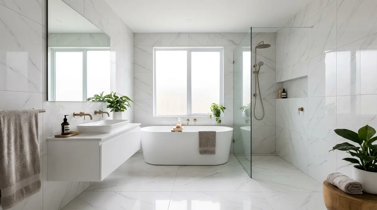 Salle de bain moderne rénovée avec des dalles de carrelage extra-fin imitation marbre blanc