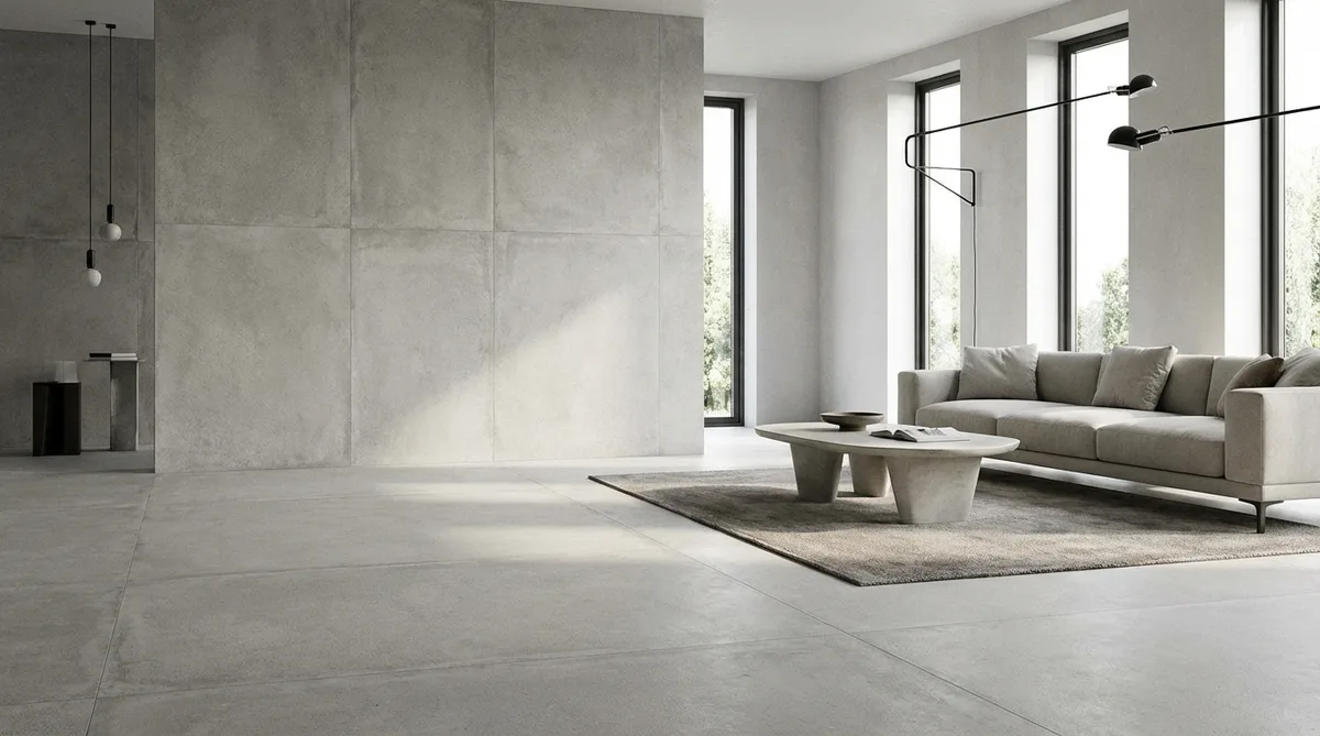 Modern large format tiles in a bright living room