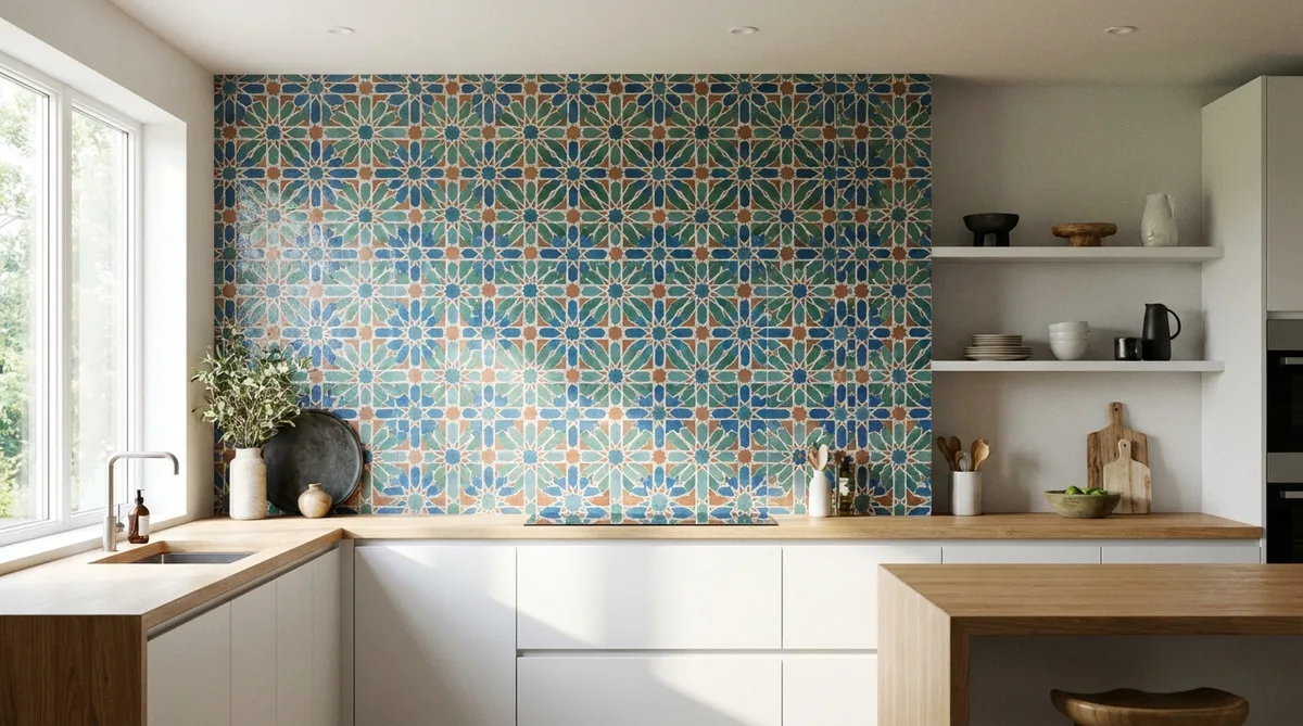 Intricate geometric tile patterns in a kitchen