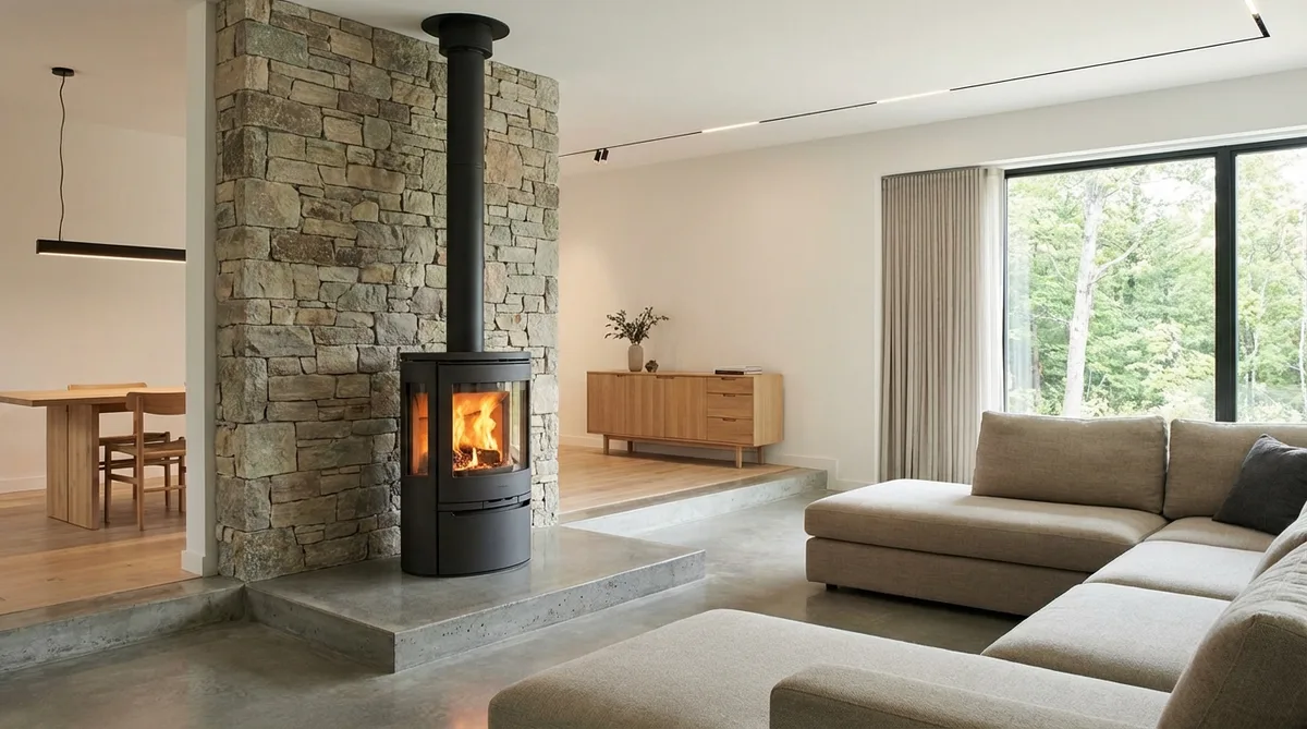 Modern wood stove installation in a contemporary living room