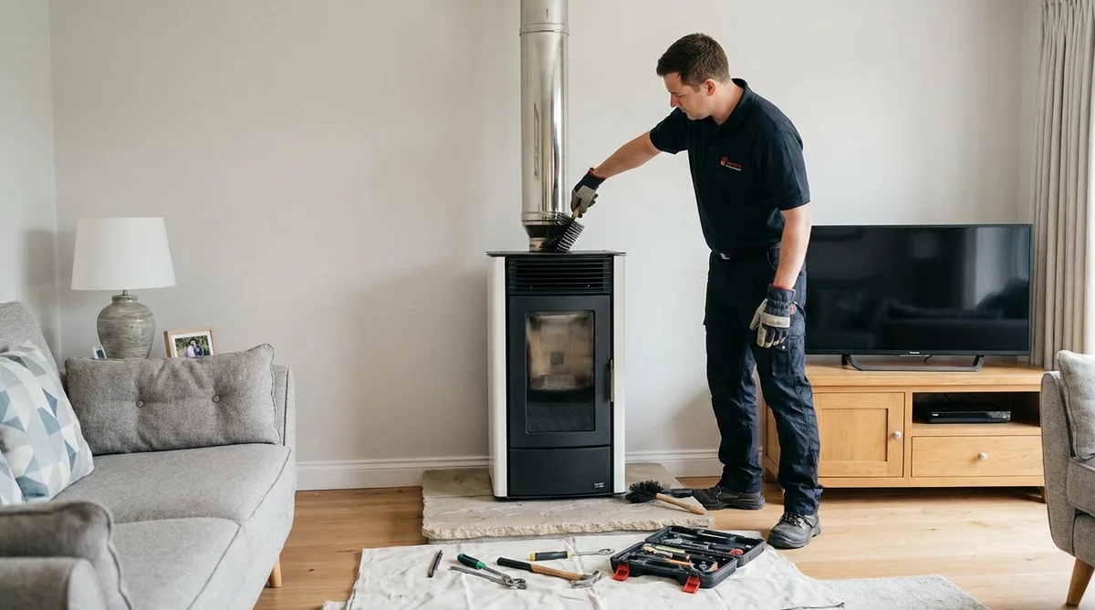 Professional technician cleaning a pellet stove pipe