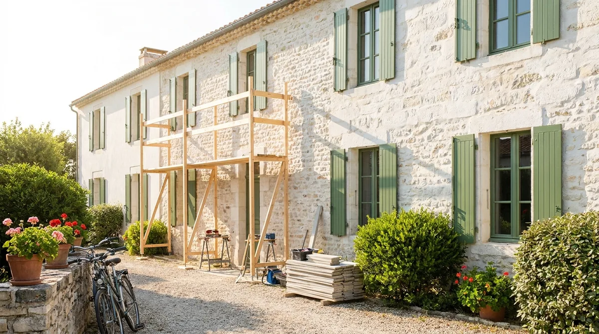 renovation of a traditional white limestone house with green shutters in Ile de Re during summer